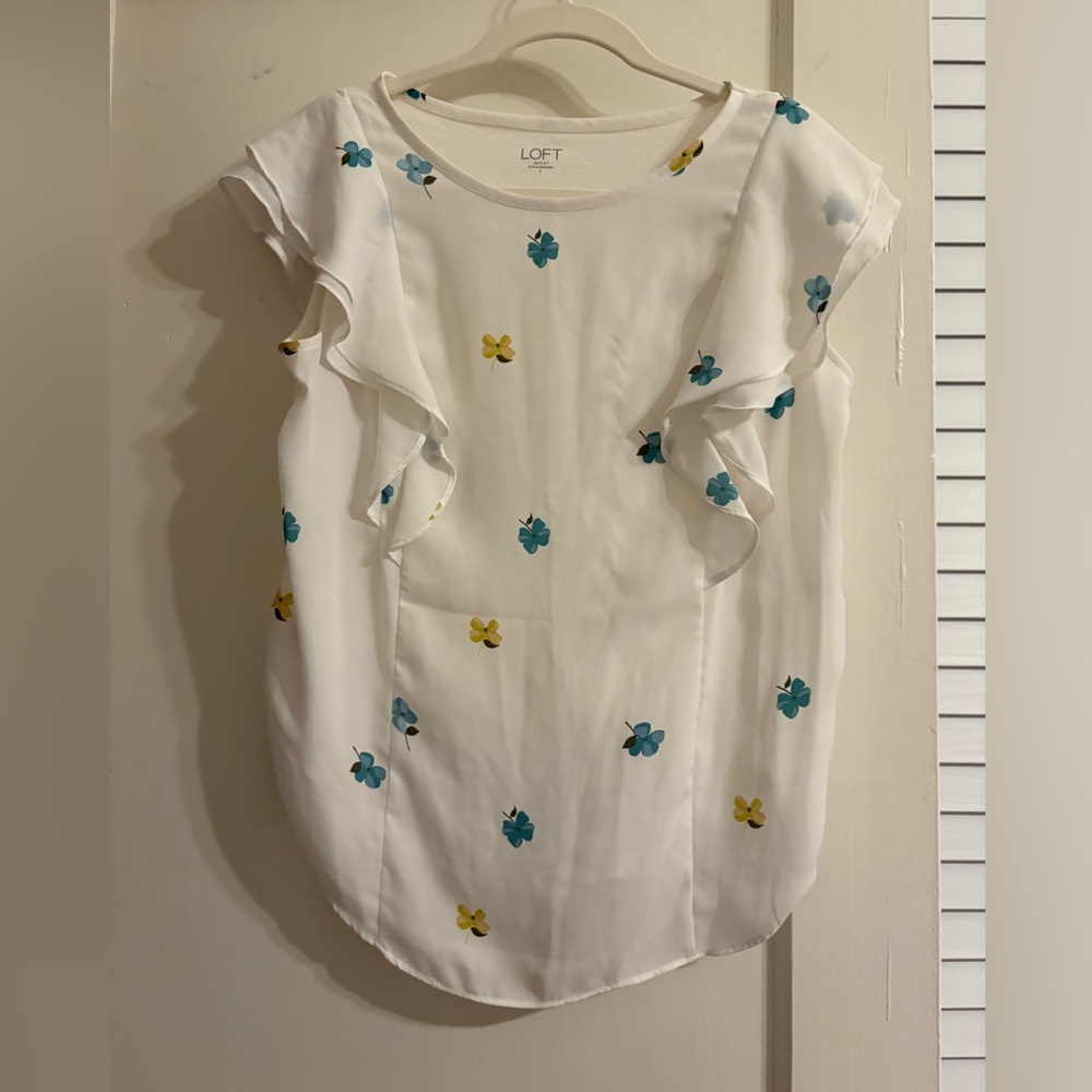 LOFT White Mixed Media Ruffle Top with Blue and Yellow Floral Pattern Size Small